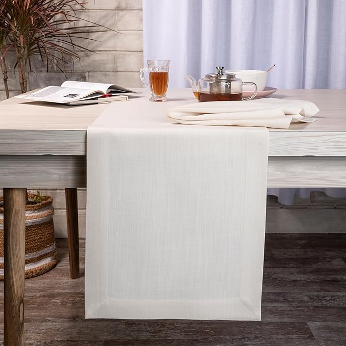 D'Moksha Homes Ivory Table Runner 14 x 72 Inch - Faux Linen Table Runner 72 Inches Long - Wrinkle Resistant, Machine Washable for Fall, Thanksgiving, Christmas, Holiday - 100% Recycled Fabric