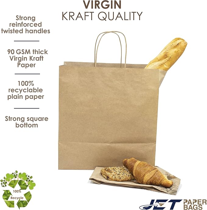 JET PAPER BAGS - Brown Paper Bags with Handles 11x7x12 Inch [25 Pcs] Prime for Takeout, Grocery, Goody, Retail, Party, Gifts, Weddings