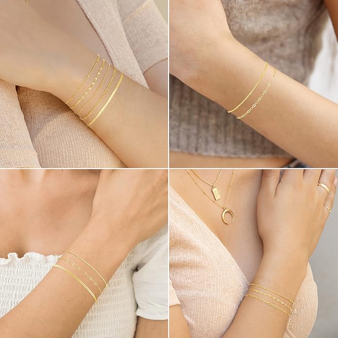 MBW Gold Bracelets for Women Trendy, Dainty 14K Gold Plated Bracelet Stack Beaded Chain Bracelet Set Thin Small Cute Paperclip Bracelets Fashion Waterproof Jewelry Gift Gold Accessories for Women