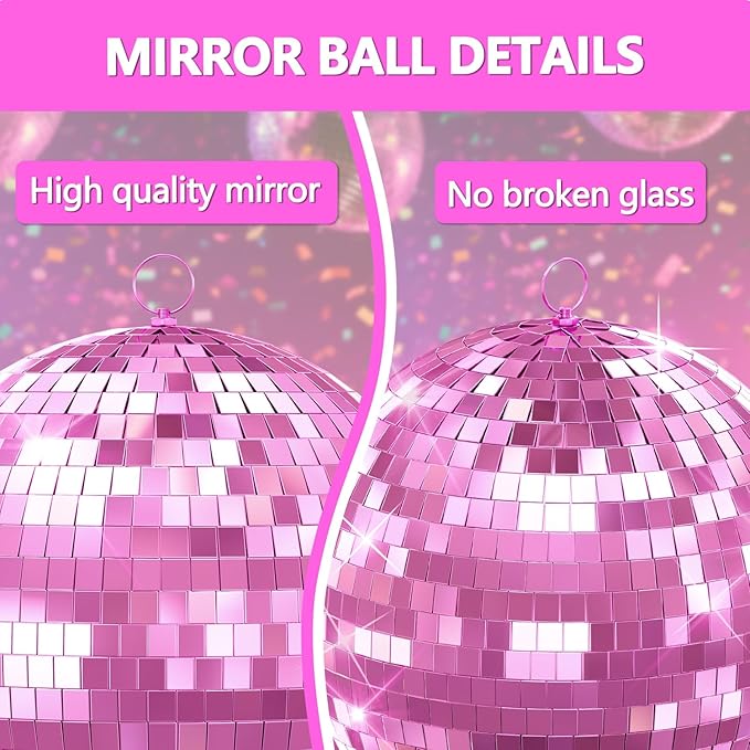 Classic Mirror Ball for Disco, 12"/16"/20" Mirror Disco Ball with Hanging Ring for DJ Club Party Live Wedding Stage Lighting Home Decor Pink 16inch