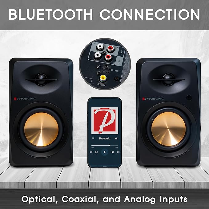 Prosonic BT30(2023 Version) Active Powered Bluetooth Bookshelf Speakers, Studio Monitor, Home Theater, Turntable with Optical Input, Coaxial Input, 2X RCA Aux Line Input, 80 Watts, (Black)