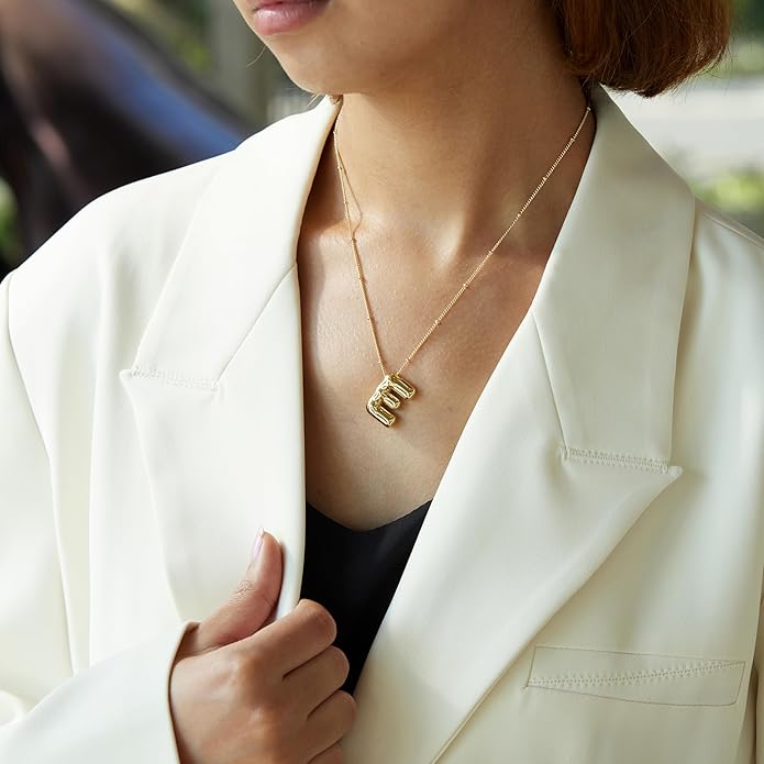 Inerney Valentines Day Gifts Gold Bubble Letter Necklace Initial Necklaces for Women, Chunky 14K Plated Balloon Initials, Trendy Charm Non Tarnish Custom Name Pendant Jewelry Gifts for Mom