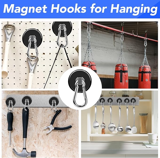LOVIMAG Magnetic Hooks, 150LBS Strong Magnet Hooks Black Swivel Magnetic Hook Heavy Duty for Refrigerator, Neodymium Magnets with Carabiner Hook for Hanging, Kitchen, Cruise Cabins, Grill-6 Pack