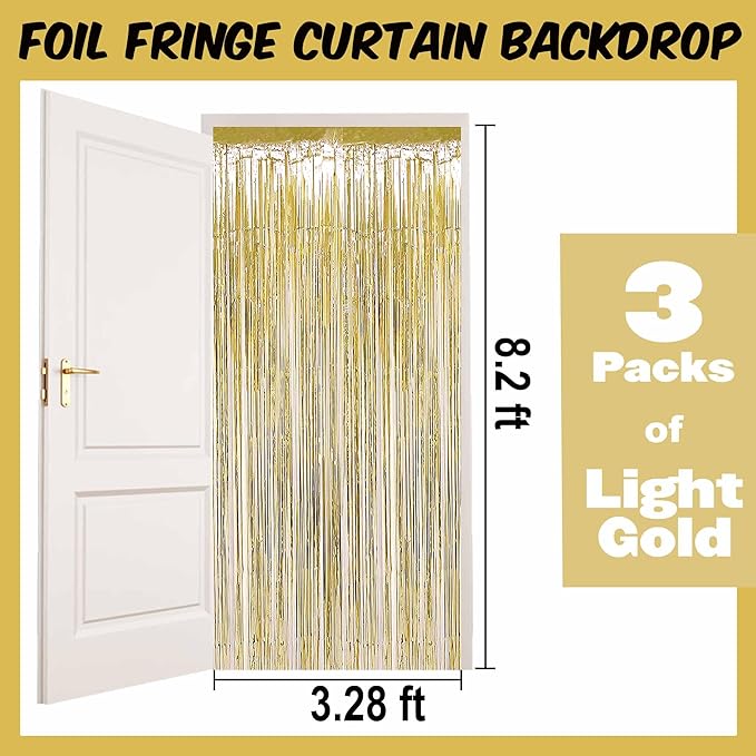 3 Pack Light Gold Foil Fringe Curtains Backdrop, 3.28 x 8.2 Ft Metallic Streamers Tinsel Curtains Background for Photo Booth, Birthday, Halloween, Christmas, Thanksgiving, New Year Party Decorations