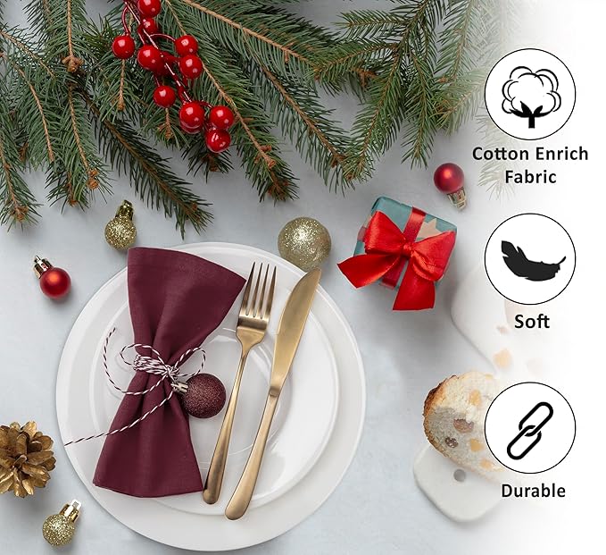 Ruvanti Cloth Napkins Set of 6, 18x18 Inches Napkins Cloth Washable, Soft, Durable, Absorbent, Cotton Blend. Table Dinner Napkins Cloth for Hotel, Weddings, Dinner, Christmas Parties - Burgundy