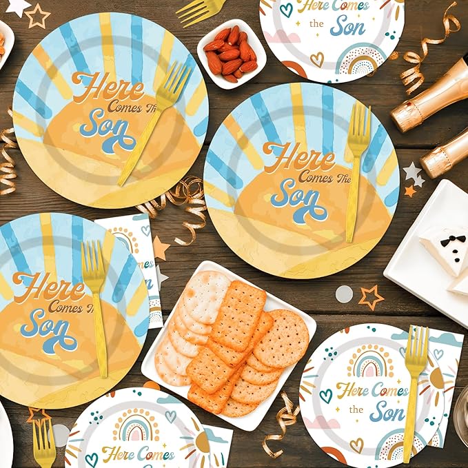 96PCS Here Comes The Son Plates and Napkins Party Supplies Here Comes the Son Baby Shower Decor Sunshine Baby Shower Decorations Boy Boho Sun Tableware Set for 24 Guests