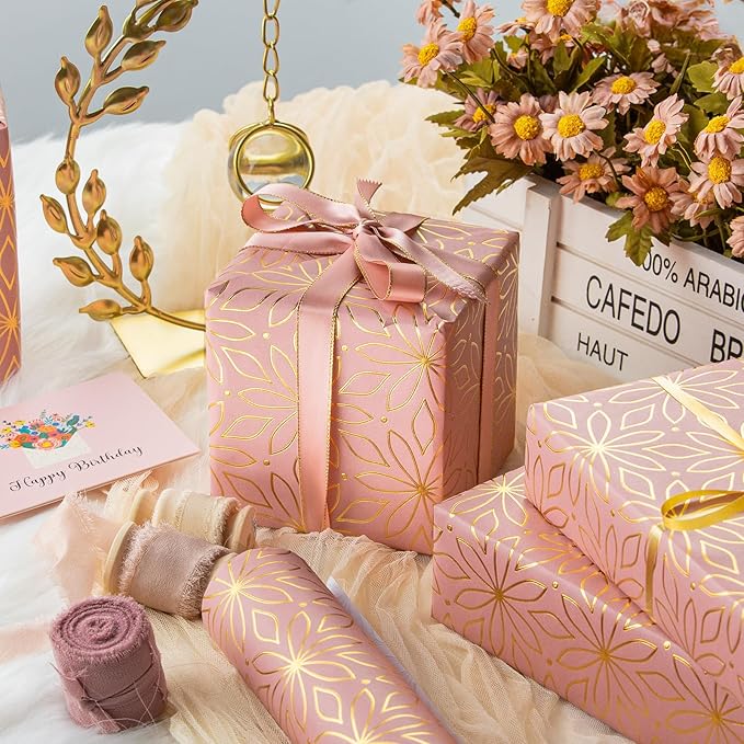 Garbendy Pink Wrapping Paper Roll - 17 Inch X 32.8 Feet - Pink Metallic Gold Foil Flower Gift Wrapping Paper for Christmas, Birthday, Baby Shower, Bridal Shower, Party