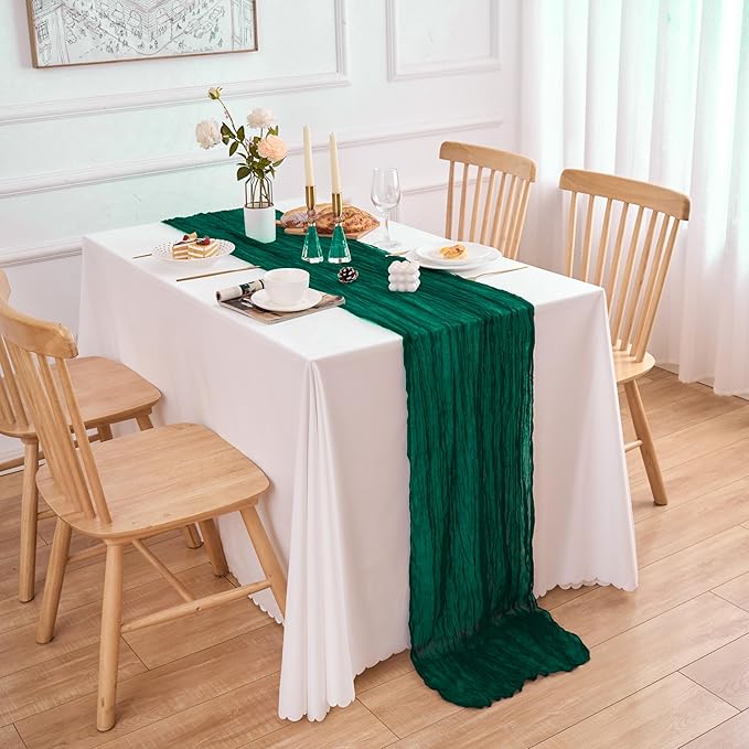 10 Pack Emerald Green Table Runner 120 Inch Cheesecloth Table Runner 10FT Boho Gauze Table Runner Long Cheese Cloth Table Runner Semi Sheer Runners for Wedding Bridal Baby Shower Party