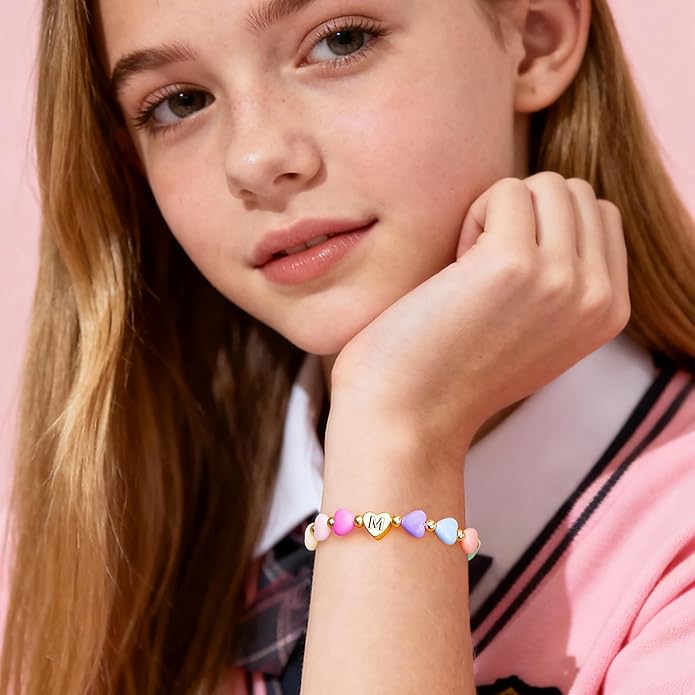 Valentines Day Gifts for Kids Women Girls, Initial Heart Bracelets for Teen Girls Young Women Bulk, Cute Preppy Letter A-Z Charm Bracelet, Personalized Happy 3-18 Year Old Birthday Gifts for Daughter, Lover, Sisters, Toddler