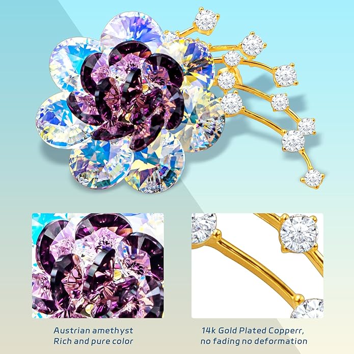 Brooches For Women,14k Gold Plated Copper,Crystal Roselle Cubic Zirconia Brooch Pins For Women ，Crystal Broach,Flower Broach