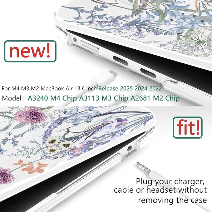 TWOLSKOO Compatible with M4 MacBook Air 13.6 inch Case 2025-2022 Release M4 A3240 M3 A3113 M2 A2681, Plastic Hard Shell & Keyboard Cover & Type C Adapter & Screen Protector, Dandelions