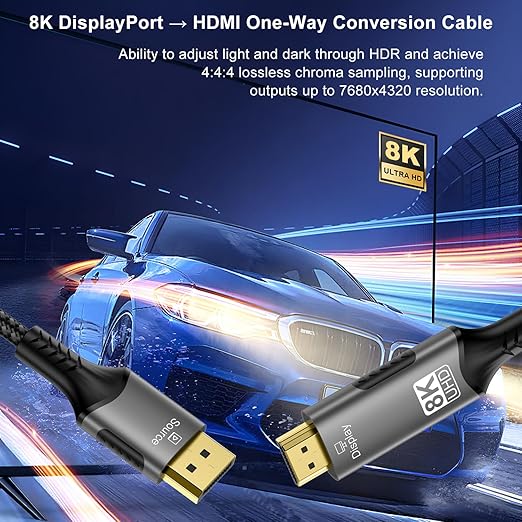 FDBRO 8K DisplayPort to HDMI Cable Active 8K@60Hz 4K@120Hz 32.4Gbps, Uni-Directional, DP 1.4 to HDMI 2.1 Cord Support HDR/HDCP 2.2/DSC 1.2 for Gaming Monitor, TV, PC (Gray & Black, 1M (3.3FT))