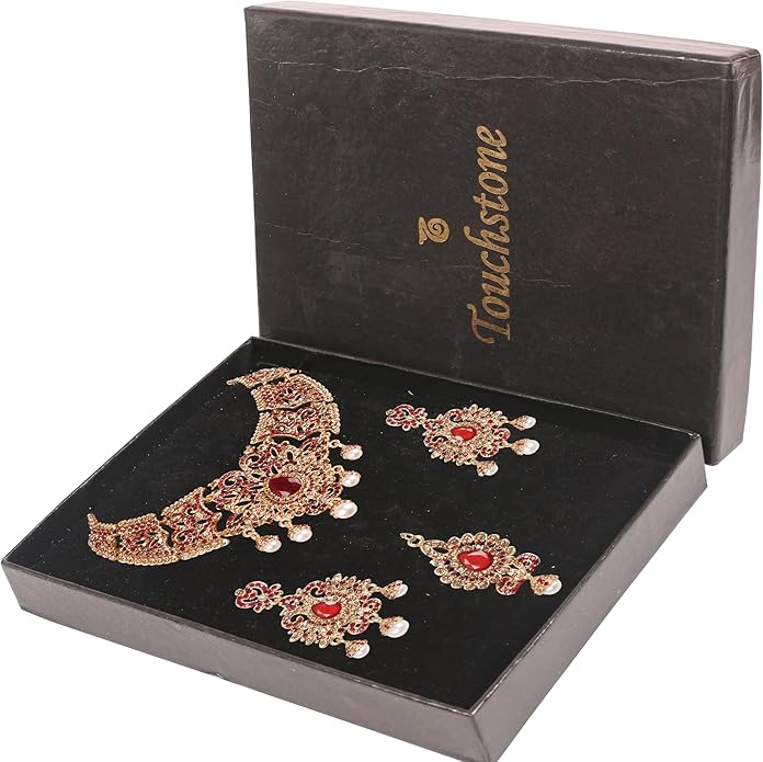 Touchstone Indian jewelry sets for women tikka wedding necklace costume guest statement bollywood rhinestones crystal faux pearls gold big royal neck piece set bridal fashion accessories