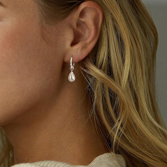 Gold Pearl Dangle Earrings for Women, 14K Gold Plated Small Pearl Drop Huggie Hoop Earrings, Hypoallergenic Dainty Gold Earrings Wedding Jewelry Gifts for Women Trendy