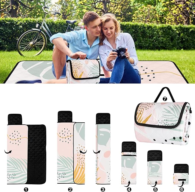 Picnic Blankets,79''x79'' Extra Large Sandproof Waterproof Beach Blanket,Foldable Portable 3-Layer Polyester Outdoor Picnic Blanket for Grass Lawn,Beach,Family Camping,Park,Travel-Tropical Leaves