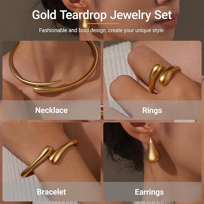 4 Pcs Statement Jewelry Set for Women – 18K Gold Plated Teardrop Necklace, Gold Drop Earrings, Bold Rings & Cuff Bracelets, Elegant Jewelry Gifts for Women