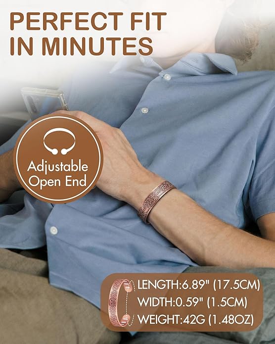 Feraco Copper Bracelet for Men, 5X Ultra Strength Magnetic Cuff Bangle with 5000 Gauss Neodymium Magnets, 99.99% Pure Copper Jewelry Gift, Adjustable