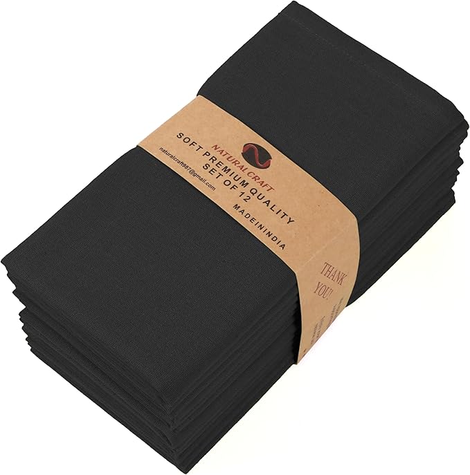 Cloth Napkins Set of 12, 18x18 Inches Napkins Cloth Washable, Soft, Durable, Absorbent, Cotton Blend. Table Dinner Napkins Cloth for Hotel, Lunch, Restaurant, Weddings, Events, Parties Easter - Black