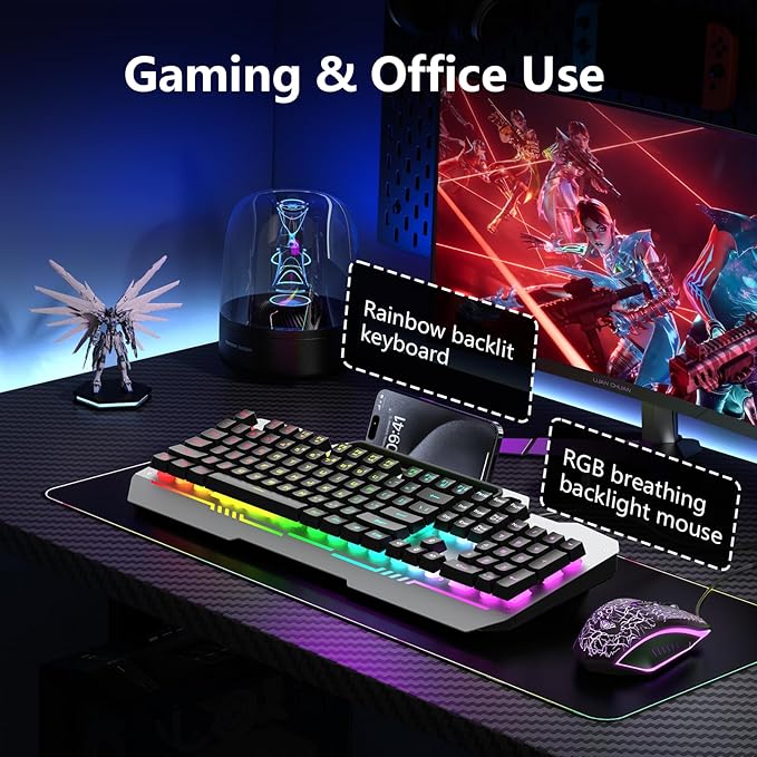 AULA Keyboard, T102 104 Keys Gaming Keyboard and Mouse Combo with RGB Backlit Number Pad, All-Metal Panel Waterproof Light Up PC Keyboard, USB Wired Computer Keyboards Gaming for MAC Xbox PC Gamer