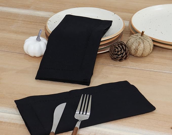 PurpleEssences Set of 12 Hemstitch Cloth Dinner Napkins 100% Cotton - Soft Durable Washable - Ideal for Wedding Christmas Holiday Winter - Perfect Everyday Use Table Linen 18x18 - Black