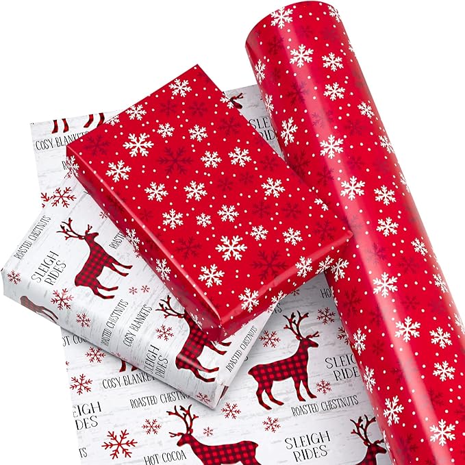 WRAPAHOLIC 30 Inch Jumbo Reversible Christmas Wrapping Paper - 30 Inch x 33 Feet - Red White Reindeer and Snowflake Wrapping Paper for Christmas, Holiday, Party
