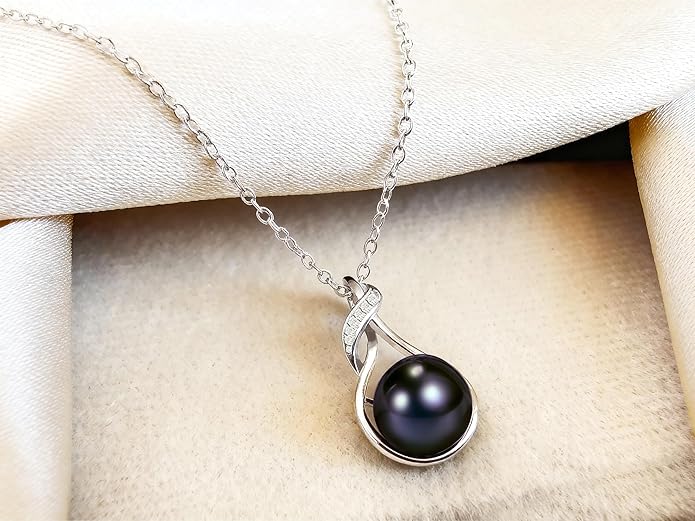 AAA+ 9mm Natural Black pearl necklace for women - Real pearl necklaces for women (18k gold platted 925 sterling Silver)- Wedding anniversary's gift for wife - Luxury birthday gifts for woman - Birthday gift for wife