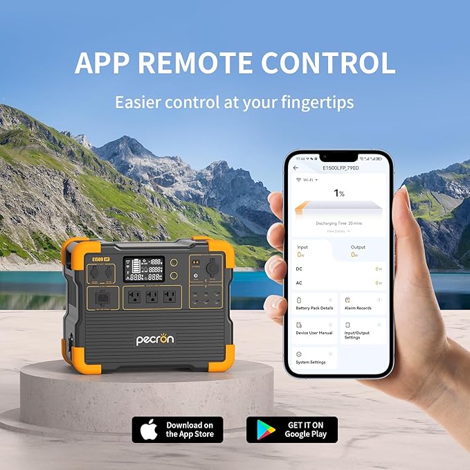 pecron Portable Power Station, E1500LFP Solar Generator 1536Wh, 2200W LiFePO4 Battery Backup, Fast Charging Power Station for Home use, RV, and Outdoor Camping