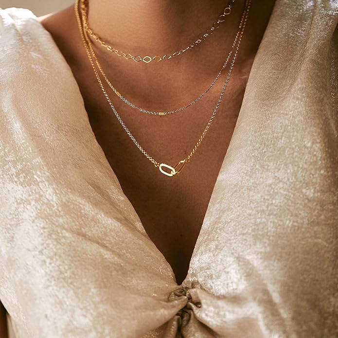 Evabelle Gold Layered Necklace for Women Trendy Jewelry 14K Real Gold Plated Chunky Chain Stackable Necklaces Dainty Choker Necklaces Rectangle Square Pendant