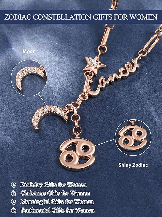 14K Gold/Rose Gold Zodiac Necklace for Women - Horoscope Constellation Pendant with Moon and Star, Luxury Birthday Gifts Jewelry for Her (12 Zodiac Signs)