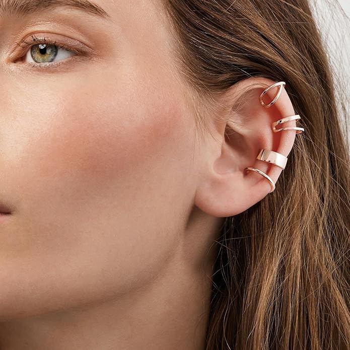 CHIC & ARTSY 925 Sterling Silver Ear Cuffs for Women, Non Piercing Clip On Cartilage Cuffs, Adjustable Fake Conch & Helix Earrings, Gold Plated & Oxidized Various Styles