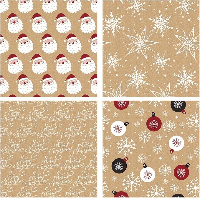 RUSPEPA Christmas Wrapping Paper, Kraft Paper - Santa Claus, Snowflake, Christmas Ball and Merry Christmas - 4 Rolls - 30 inches x 10 feet per Roll