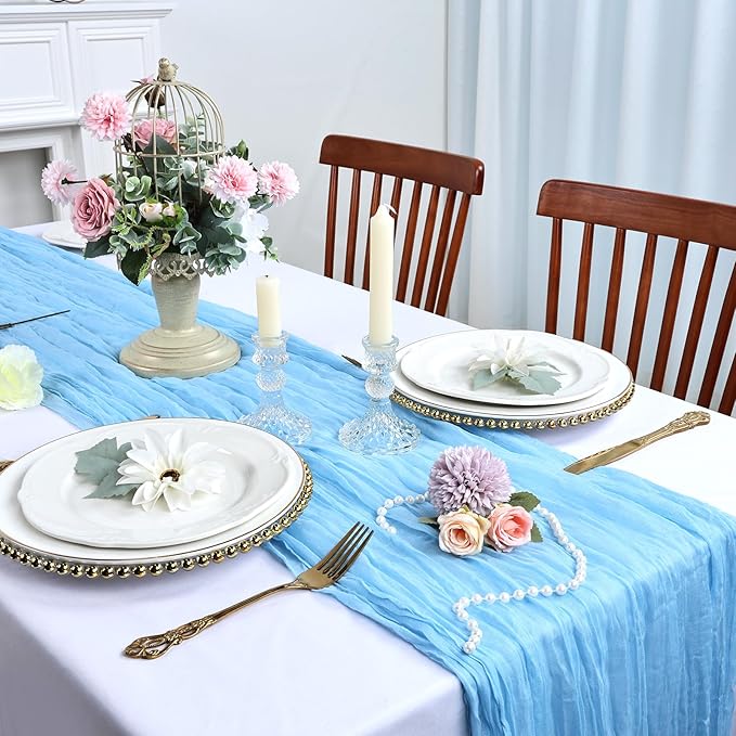 6 Pack Baby Blue Cheesecloth Table Runner 10FT Boho Cheese Cloths Gauze Fabric Table Runners 120 Inch Rustic Sheer for Wedding Birthday Party Baby Shower Centerpiece Home Decorations