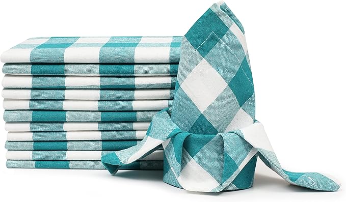 LFH Home 100% Cotton Cloth Reusable Dinner Napkins Set of 12 Washable Soft Decorative Buffalo Plaid Gingham and Checkered Table Napkins for Holidays Wedding Farmhouse Decor 18x18 Inch-Teal & White