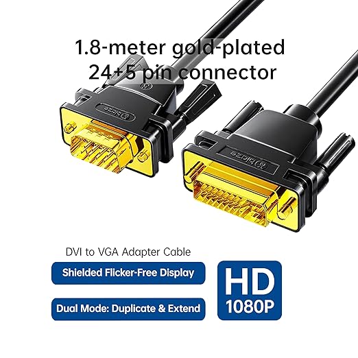 DVI to VGA Cable 6ft/1.8m [DVI-I 24+5 Pin Male to VGA Male] - Gold-Plated Connector for PC, Monitor, Projector - Compatible with Desktop, Laptop, GPU