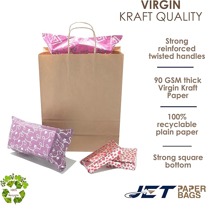 JET PAPER BAGS - 10”x5”x13” Inch [100 Pcs] Brown Paper Bags with Handles Prime for Takeout, Grocery, Goody, Retail, Party, Gifts, Weddings - Recyclable Kraft Paper Gift Bags with Handles
