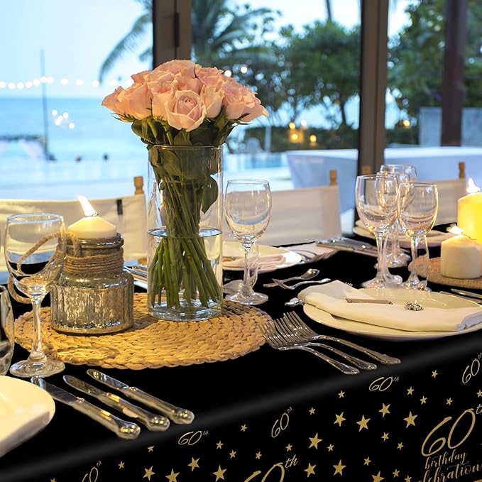 Gatherfun 60th Birthday Disposable Tablecloth 4 Pack Gold and Black Waterproof Plastic Table Cover for Men Woman 60 Birthday Party Decorations