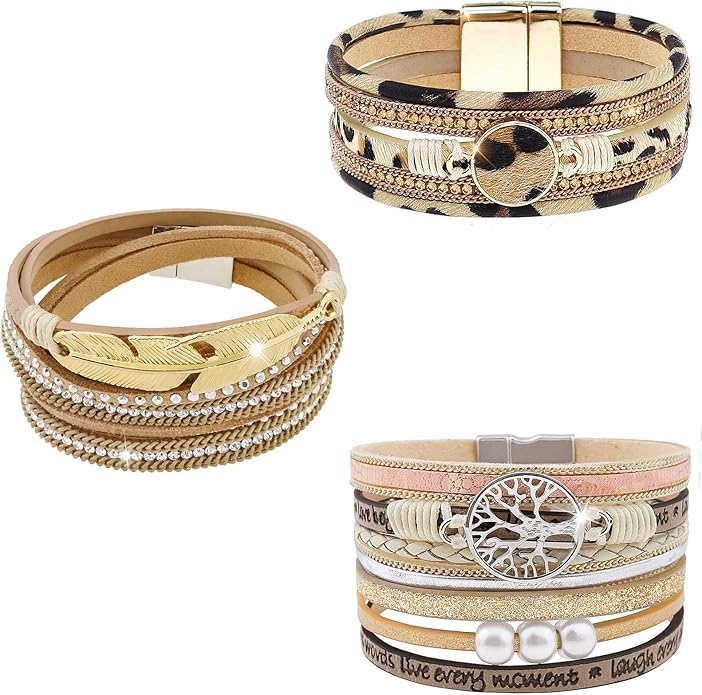 Wowanoo 3Pack Leather Cuff Bracelet Set Multilayer Wrap Bracelet Crystal Feather Tree Bracelet Magnetic Clasp Bracelet for Women