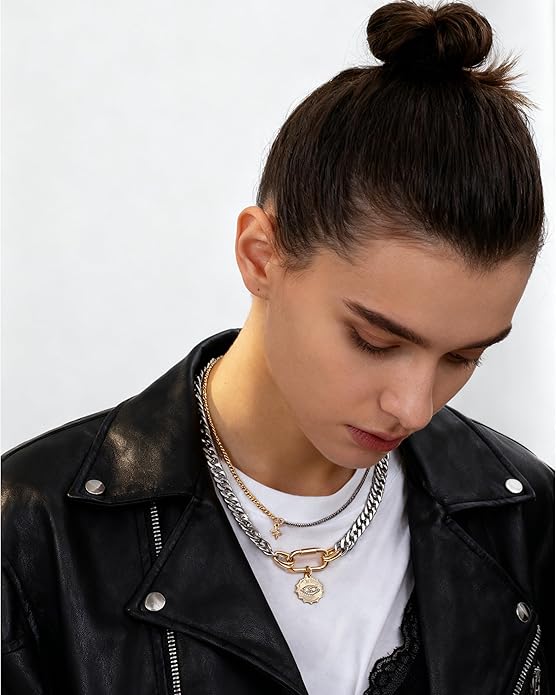 Valentines Day Gifts for her,Gold Statement Necklace,Muliti Layered Necklaces for Women,Chunky Two Tone Mixed Metal Necklace Set with Charm Pendant, Paperclip Stacked Chain, Trendy Coin Jewelry Gift for Her Gifts for Chrismas
