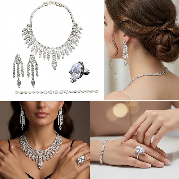 Rhinestone Wedding Bridal Jewelry Set Women's Prom-Style Necklace, Earrings, Bracelet, Ring Bridesmaid Gift Pairs with Evening Gown