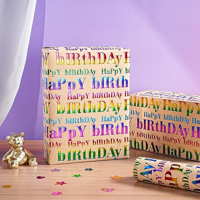WRAPAHOLIC 3D Kraft Birthday Wrapping Paper Roll - Mini Roll - 17 Inch x 16.5 Feet - Brown and Colorful Foil Happy Birthday Wrapping Paper with Embossed for Kids Boy Girls, Baby Shower