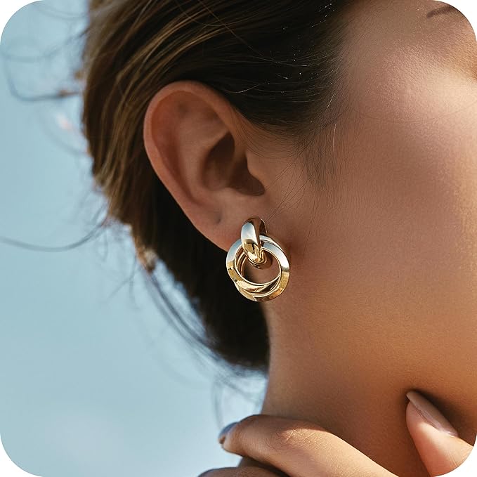 Chunky Statement Earrings for Women， Knot Link Circle Geometric Drop Dangle Earrings Studs， Trendy Jewelry