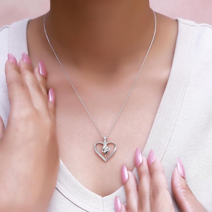 3 Stone Heart Pendant Necklace for Women in 14K Gold Over 925 Sterling Silver, Natural Diamond, Moissanite or Lab-Grown Diamond (0.25 Ct), Dainty Jewelry Gift with 18" Chain for Her Valentine’s Day