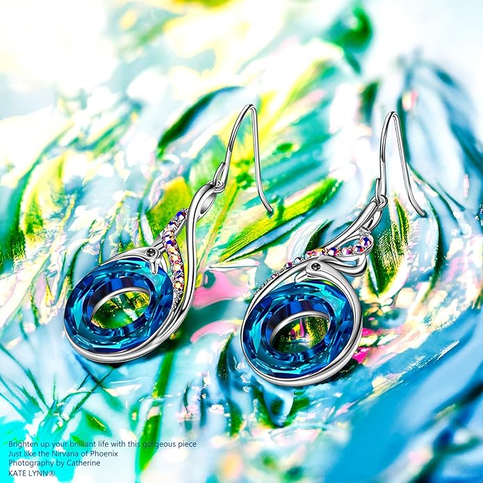 Kate Lynn "Rise From the Ashes" Phoenix Earrings, Sterling Silver Dangle Earrings with Crystals from Austria, Birthday Gift with Jewelry Box, Symbol of Luck and Renewal