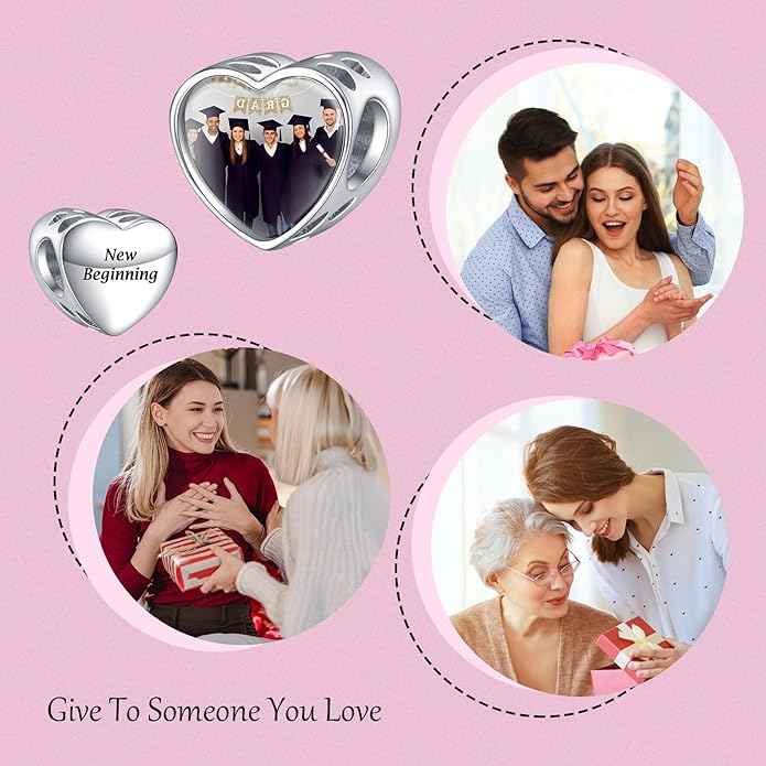 Annmors Personalized Photo Charms For Bracelets/Necklace 925 Sterling Silver Love Heart Shaped Engraved Customize Picture Gift for Birthday Mother's Day,Bead Charms Jewelry for Women