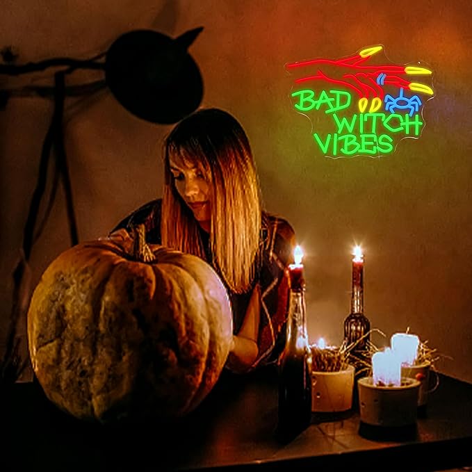 Bad Witch Halloween Neon Sign for Party Gothic Witch Hand Neon Light Scared Spider Light Up Sign for Halloween Christmas Bedroom Haunted Mansion House Club Witch fans(16.5 * 12.5in)