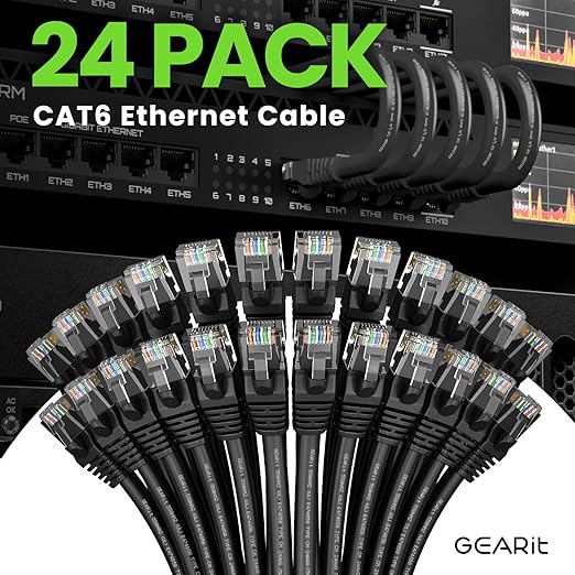 GearIT Cat 6 Ethernet Cable Pack - 24-Pack 1.5 ft Cat6 Ethernet Patch Cables | RJ45 Network Patch Cable, 10 Gbps Snagless Gold-Plated Connectors - Ethernet Cable Cat 6 for PC, TV, Router - Black