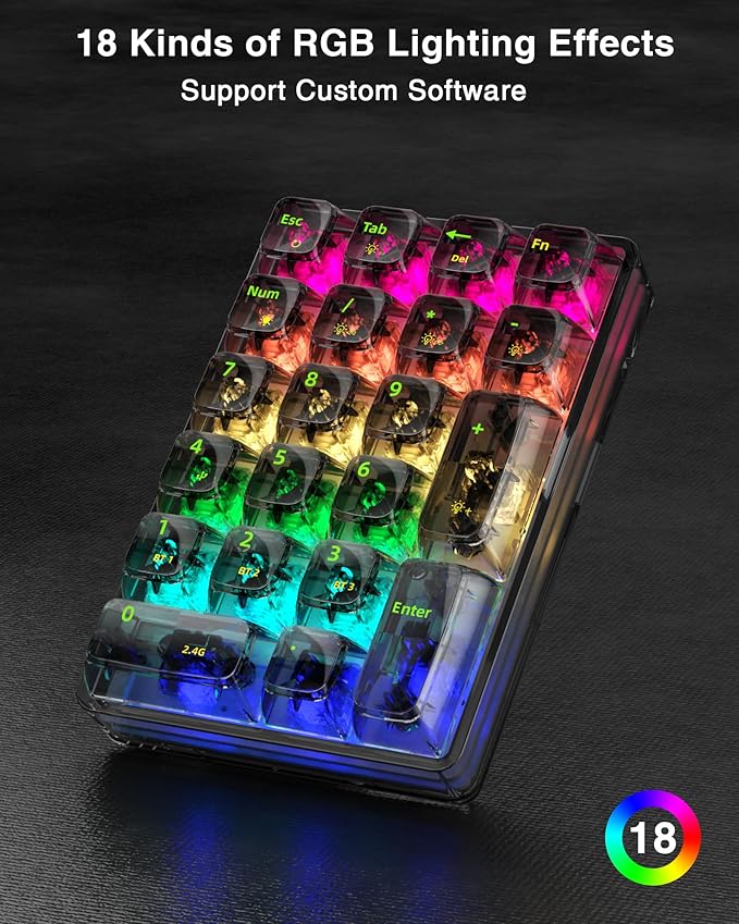 SOLAKAKA K21 RGB Backlit Tri-Mode Transparent Wireless Mechanical Number Pad Supports 3 BT/2.4GHz/Type C Wired,Hot Swappable 21 Keys Mechanical Numpad with Transparent Keycaps Black