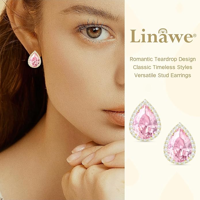 Linawe Women Stud Earrings, Teardrop Diamond Moissanite Cubic Zirconia Earrings Studs Rhinestone Jewelry Gold/Silver/Rose Gold