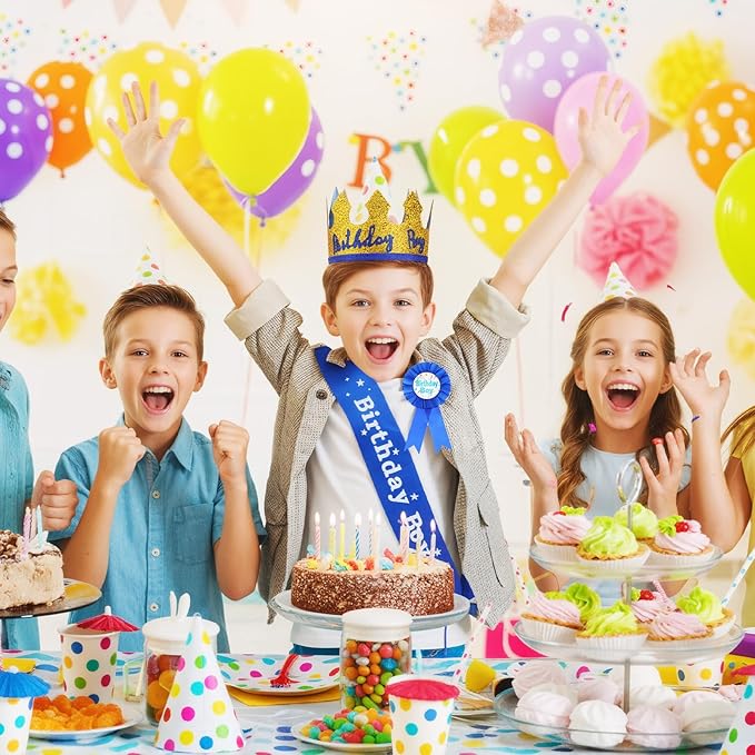Birthday Boy Pin Sash Crown Set, Birthday Crown Costume Decorations for Boys Party Accessories (Blue)
