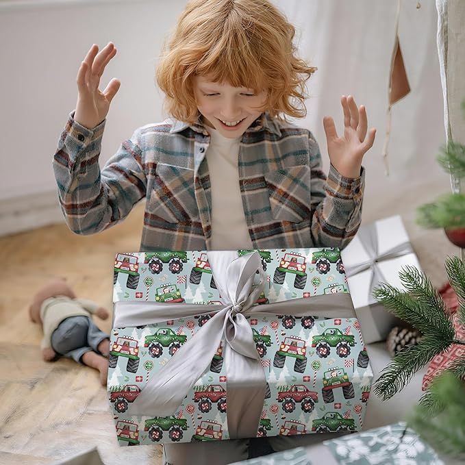 PlandRichW Monster Truck Christmas Wrapping Paper - Colorful Monster Trucks with Xmas Trees & Holiday Patterns - 40×28 Inch Xmas Gift Wrap, 4 Folded Sheets for Kids & Adults